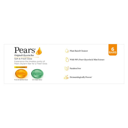 Pears Original Glycerin Soap Bar, 6 x 125 g, Solid Soap with 98% Glycerin and Mint Extract - size and scale