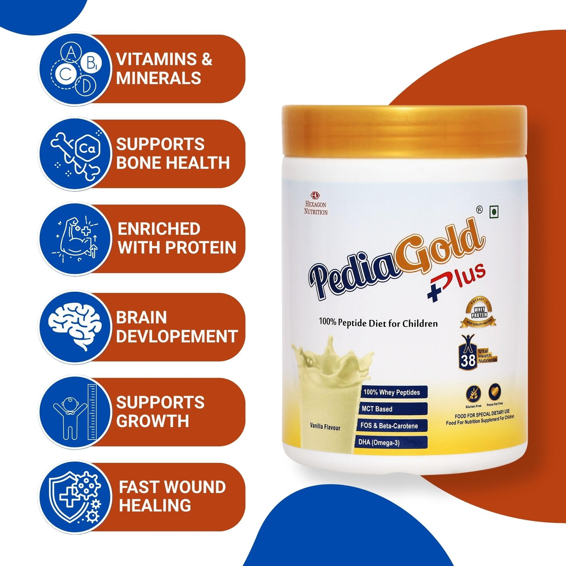 PEDIAGOLD PediaGold Plus Peptide Diet Nutritional Supplement Powder, Vanilla, for Kids, Whey Protein & DHA - ingredients pane