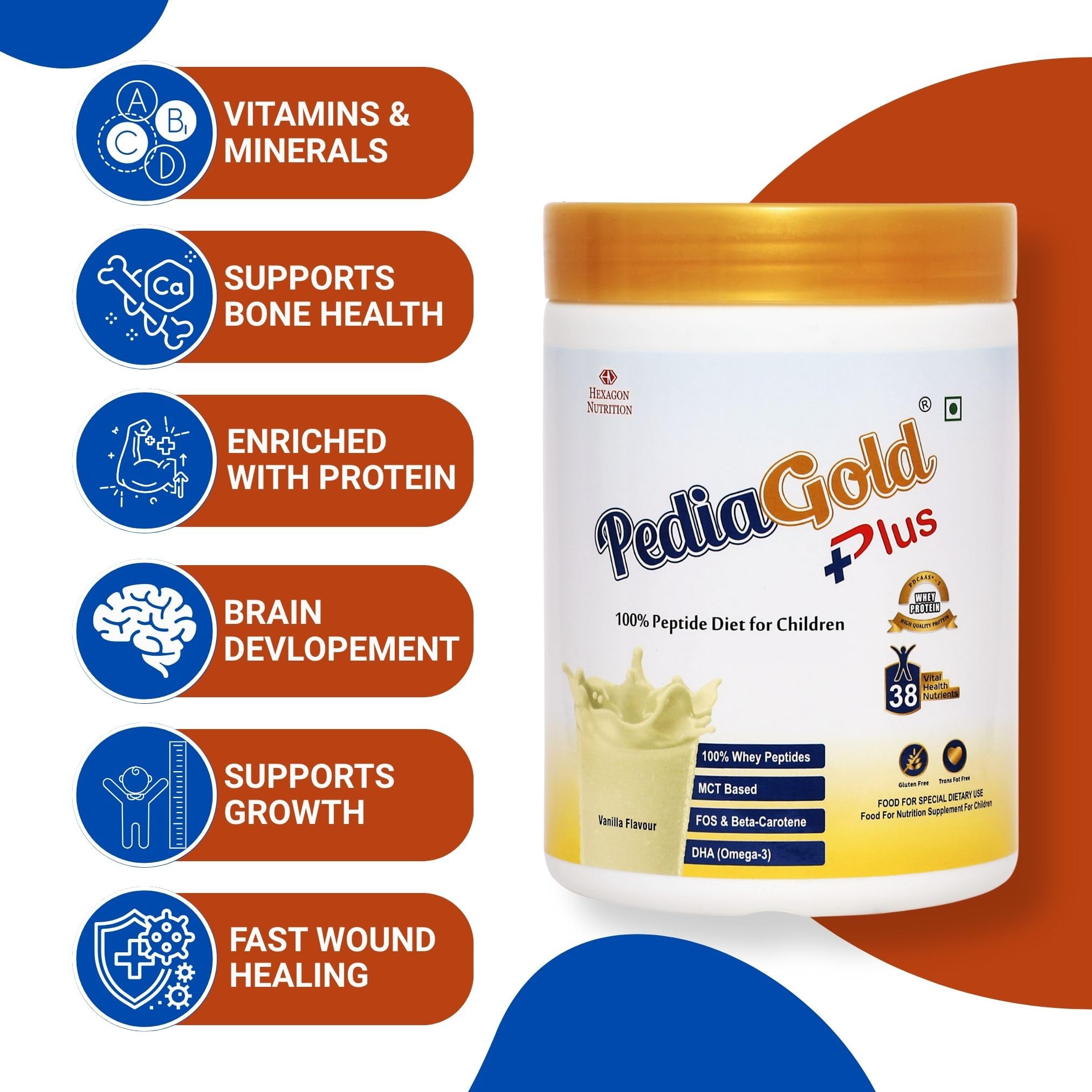 PEDIAGOLD PediaGold Plus Peptide Diet Nutritional Supplement Powder, Vanilla, for Kids, Whey Protein & DHA - ingredients pane