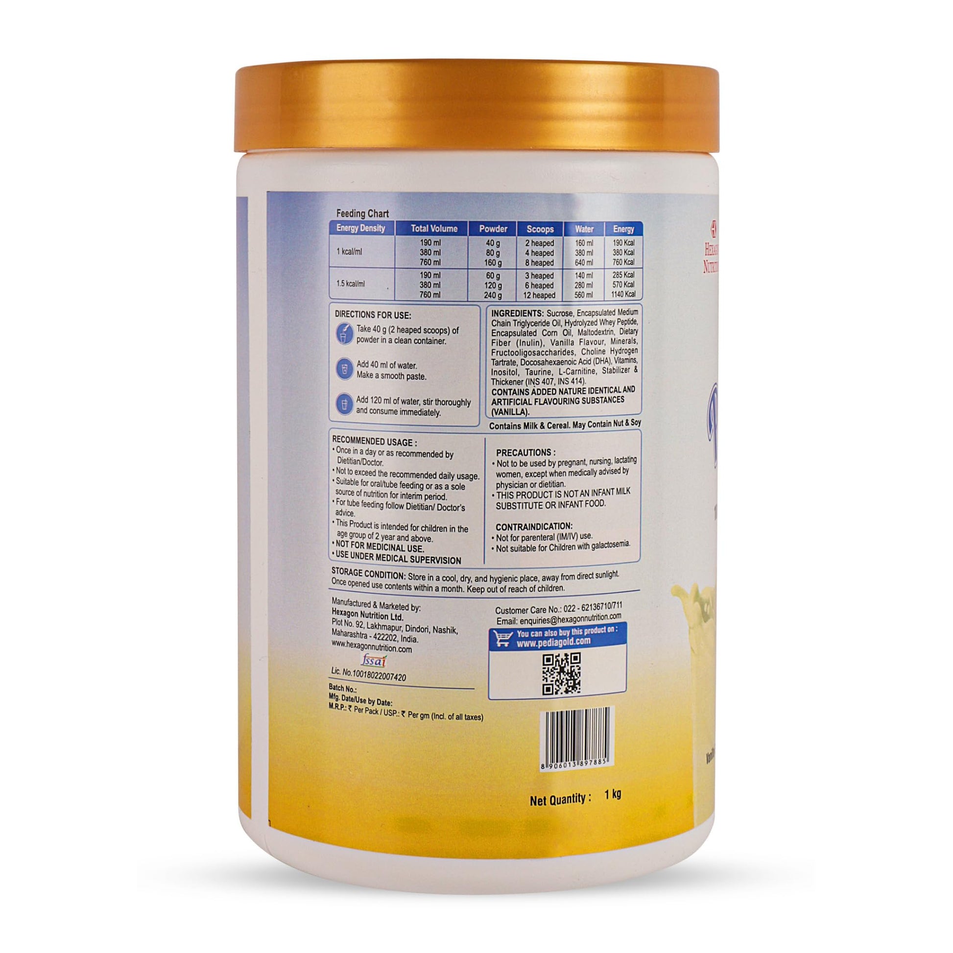 PEDIAGOLD PediaGold Plus Peptide Diet Nutritional Supplement Powder, Vanilla, for Kids, Whey Protein & DHA - back view