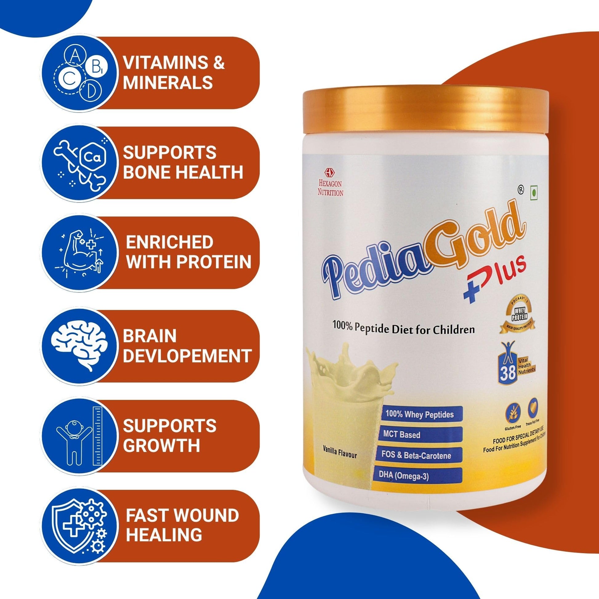 PEDIAGOLD PediaGold Plus Peptide Diet Nutritional Supplement Powder, Vanilla, for Kids, Whey Protein & DHA - ingredients pane