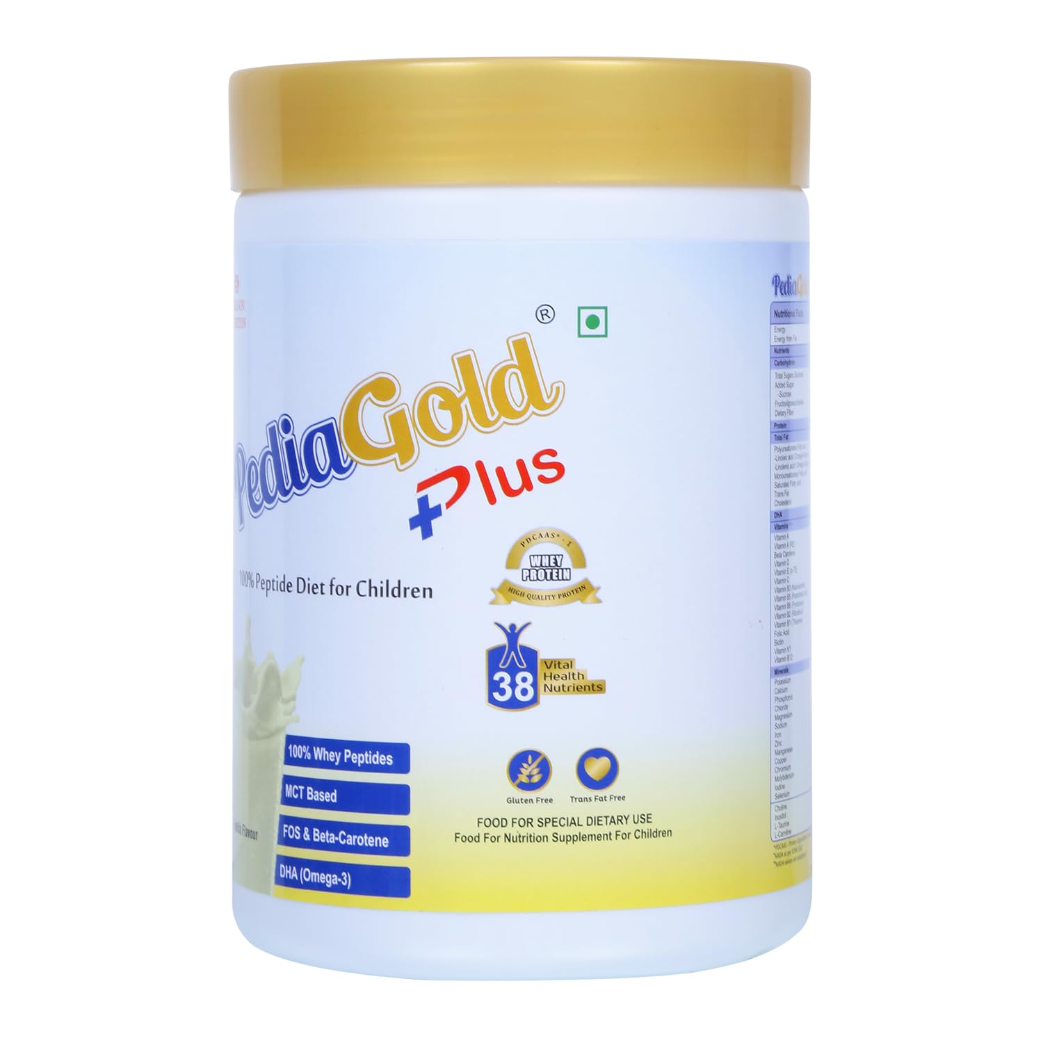 PEDIAGOLD PediaGold Plus Peptide Diet Nutritional Supplement Powder, Vanilla, for Kids, Whey Protein & DHA - front view (9)
