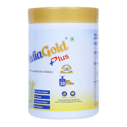 PEDIAGOLD PediaGold Plus Peptide Diet Nutritional Supplement Powder, Vanilla, for Kids, Whey Protein & DHA - front view (9)