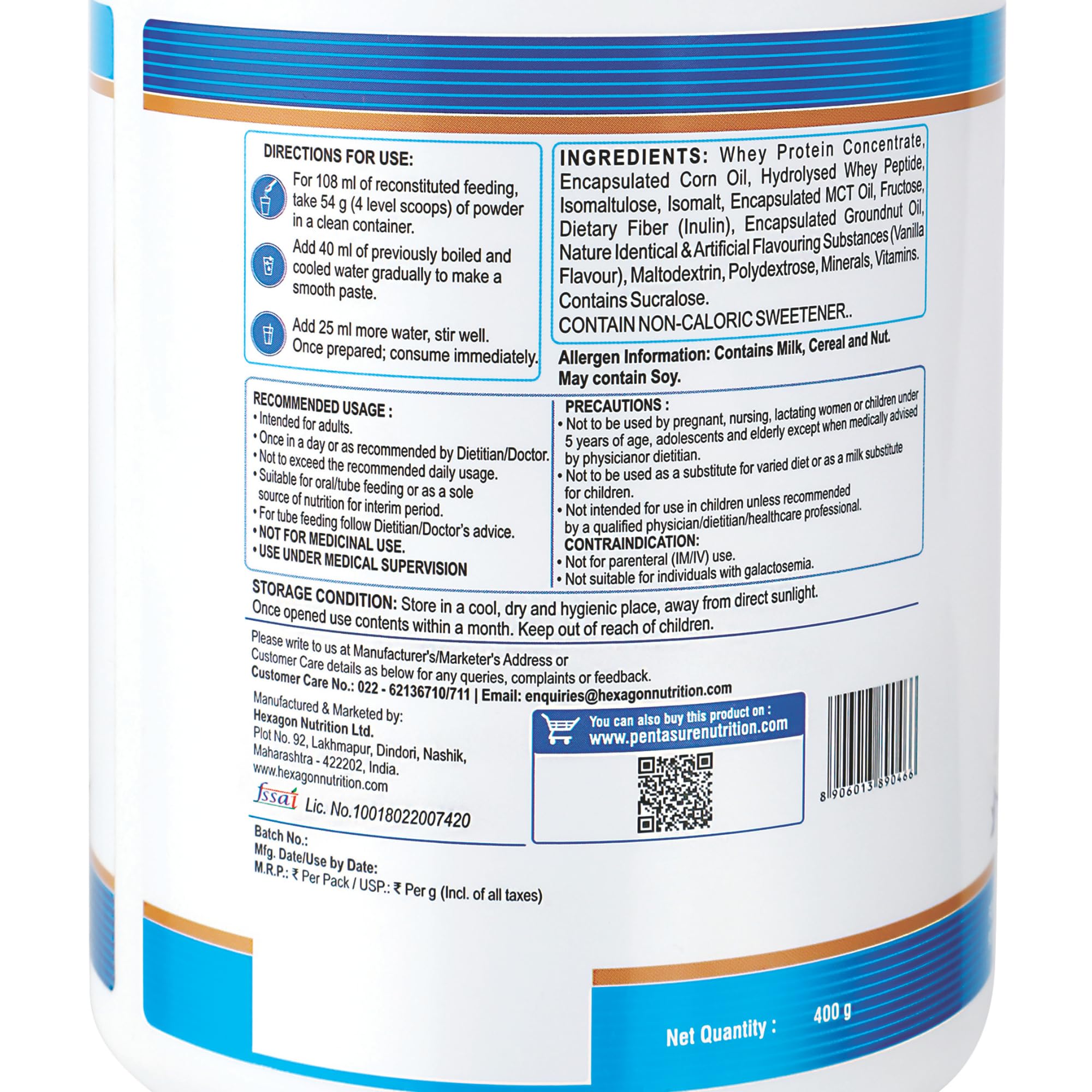 Pentasure 2.0 High Protein High Calorie Mass Gainer Powder, 100% Whey Protein, 34.7g Protein Per 100g, Multiple Sizes - label
