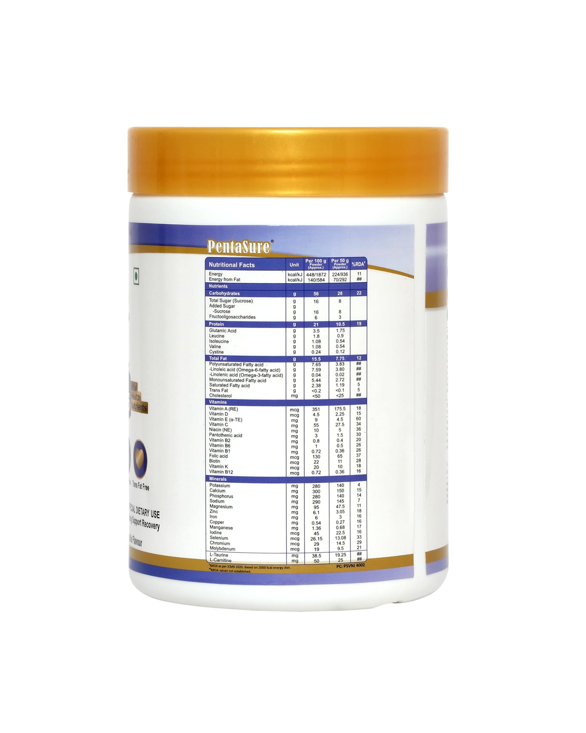 Pentasure Complete Balanced Nutrition Protein Powder, Vanilla, 3P Blend, BCAA, Prebiotics - front view (16)