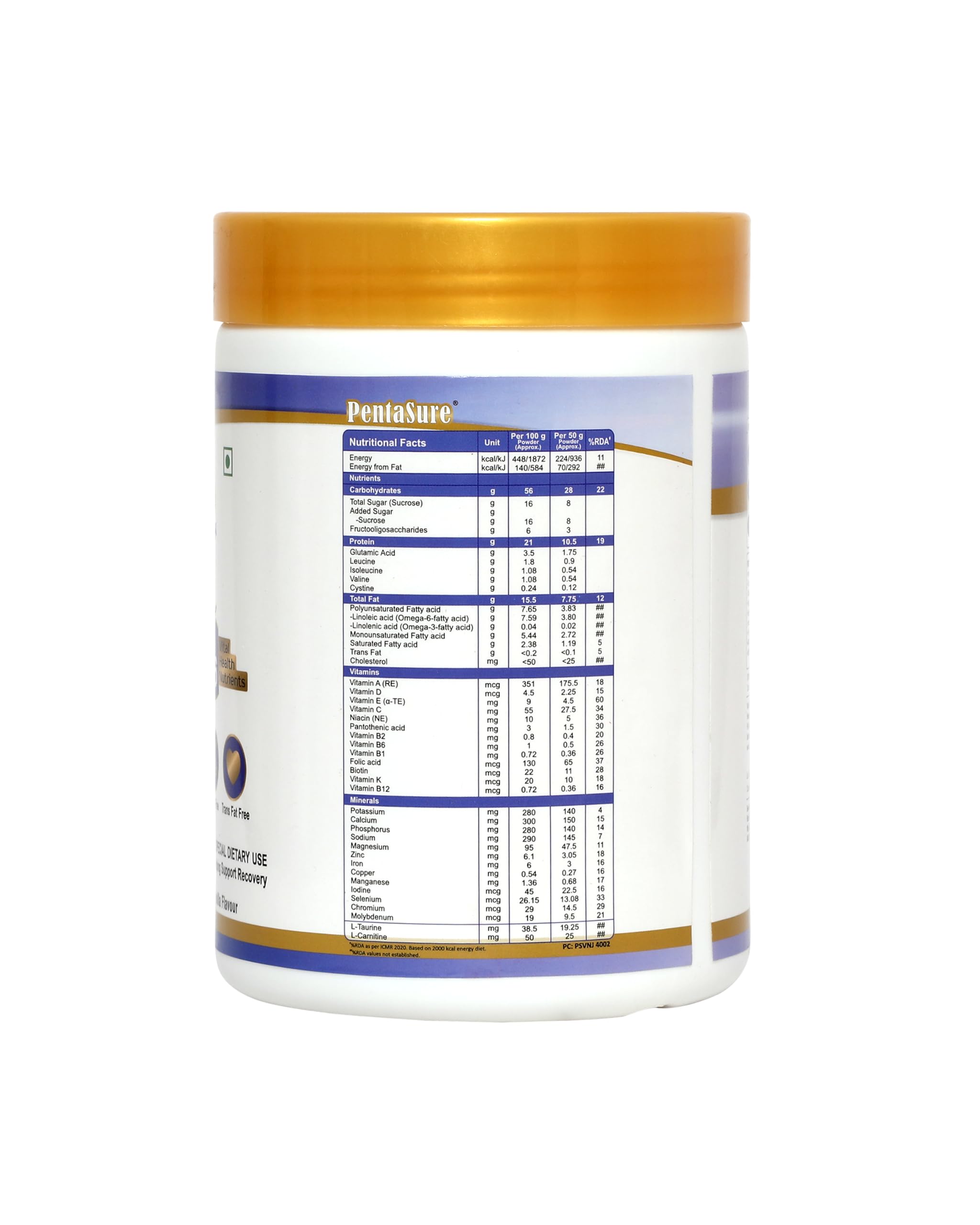Pentasure Complete Balanced Nutrition Protein Powder, Vanilla, 3P Blend, BCAA, Prebiotics - front view (16)