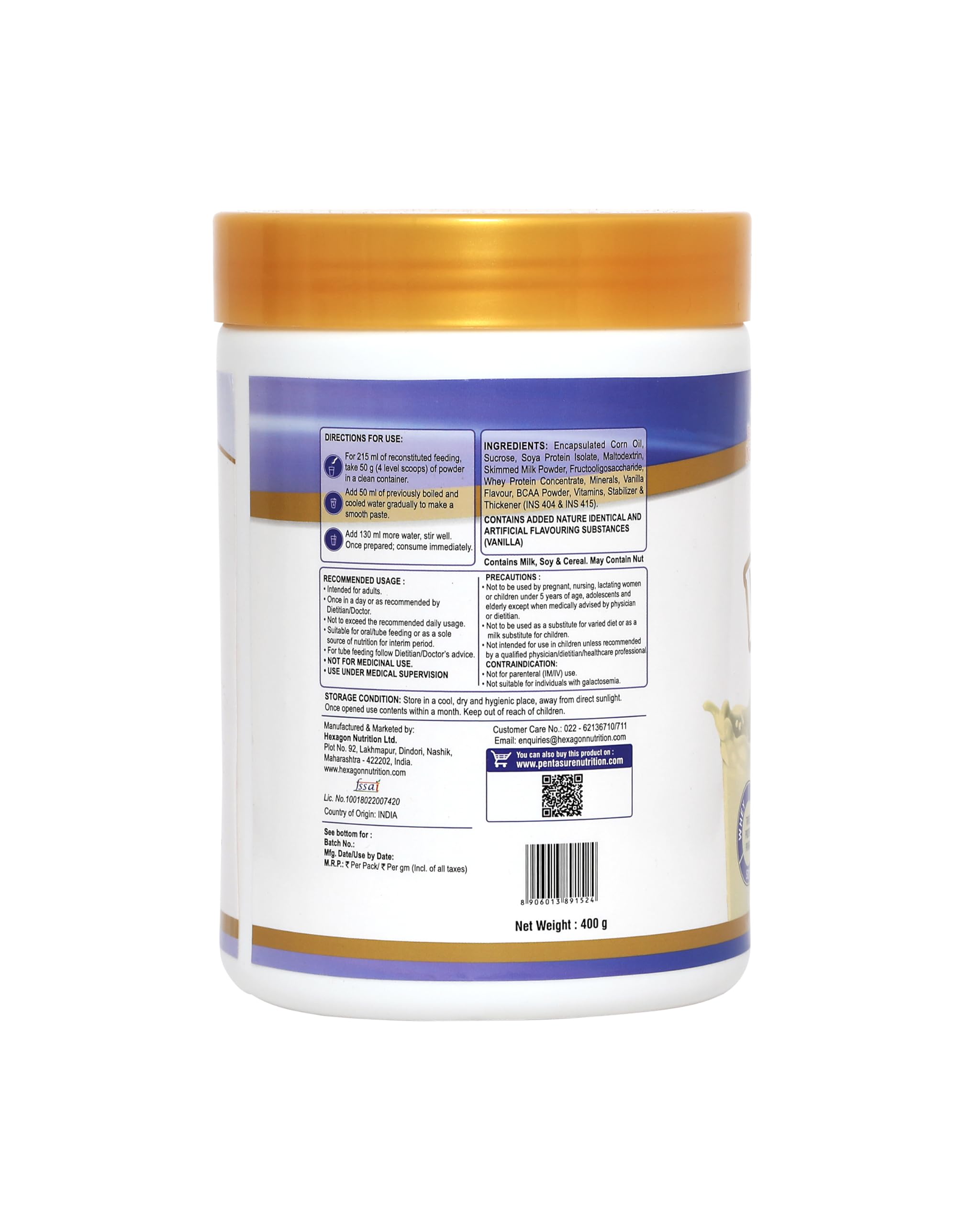 Pentasure Complete Balanced Nutrition Protein Powder, Vanilla, 3P Blend, BCAA, Prebiotics - back view (17)