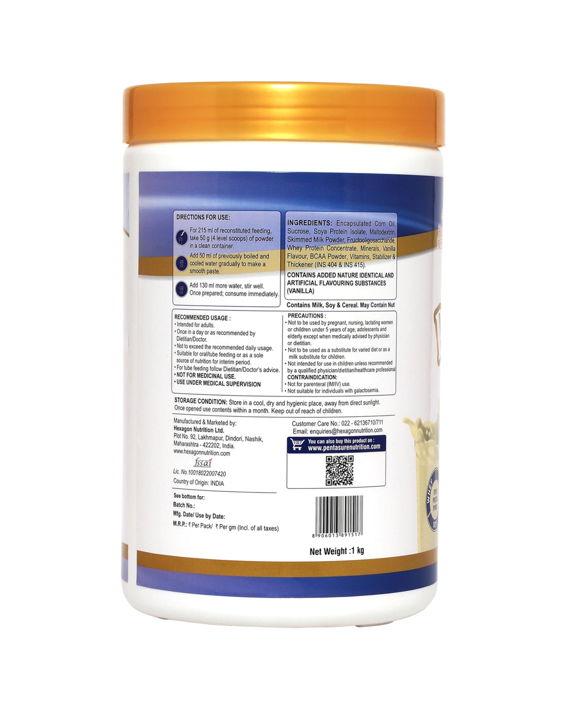 Pentasure Complete Balanced Nutrition Protein Powder, Vanilla, 3P Blend, BCAA, Prebiotics - front view