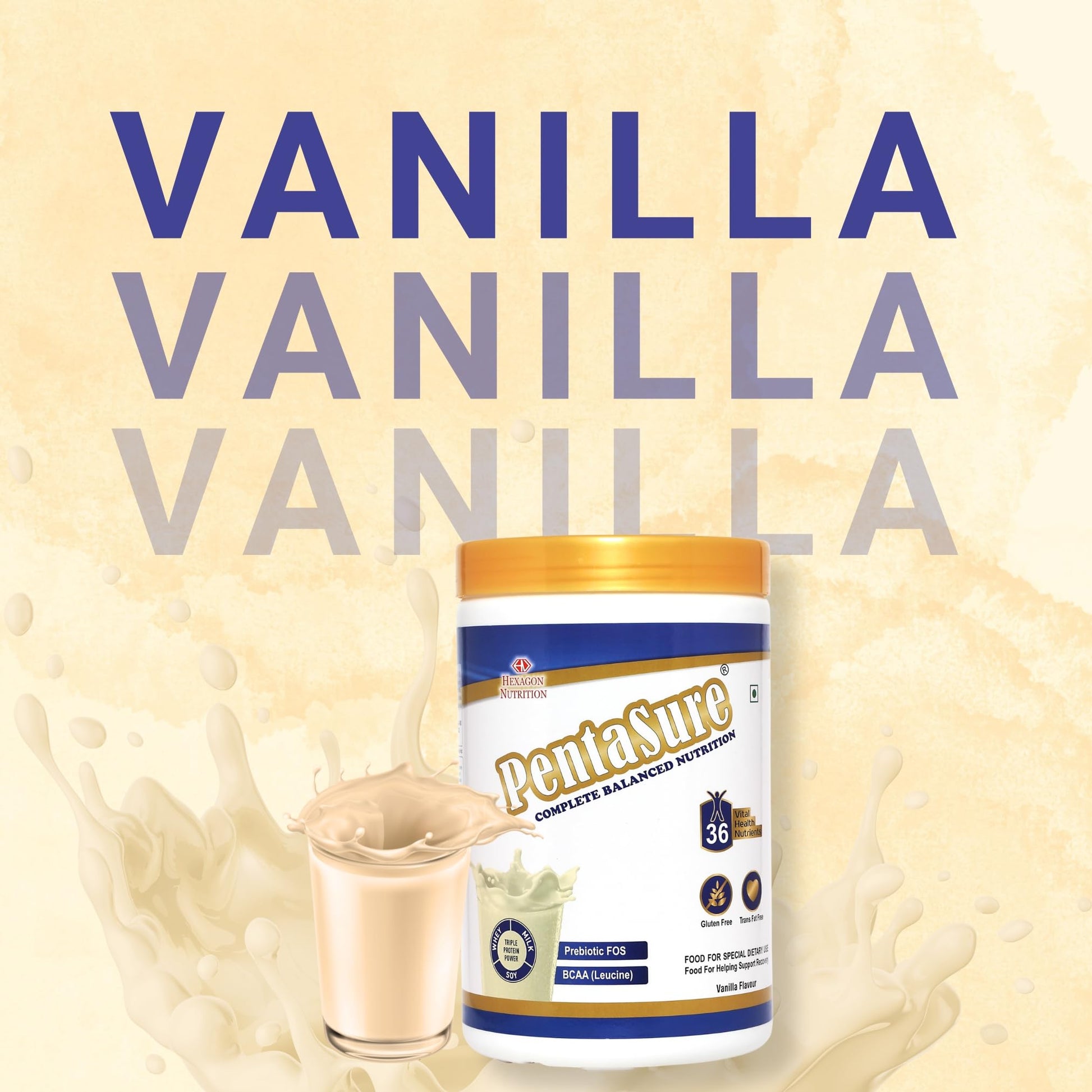 Pentasure Complete Balanced Nutrition Protein Powder, Vanilla, 3P Blend, BCAA, Prebiotics - label detail
