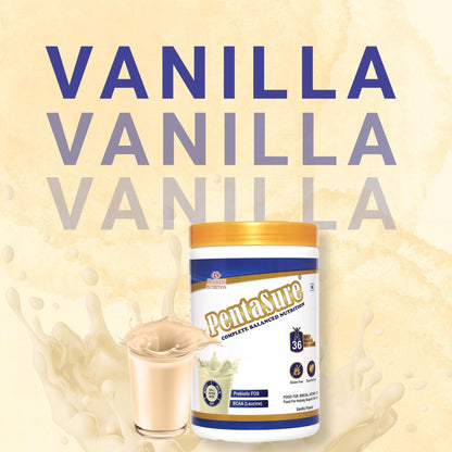 Pentasure Complete Balanced Nutrition Protein Powder, Vanilla, 3P Blend, BCAA, Prebiotics - label detail