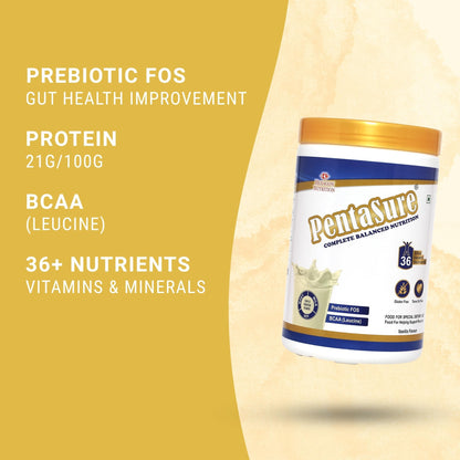 Pentasure Complete Balanced Nutrition Protein Powder, Vanilla, 3P Blend, BCAA, Prebiotics - size and scale