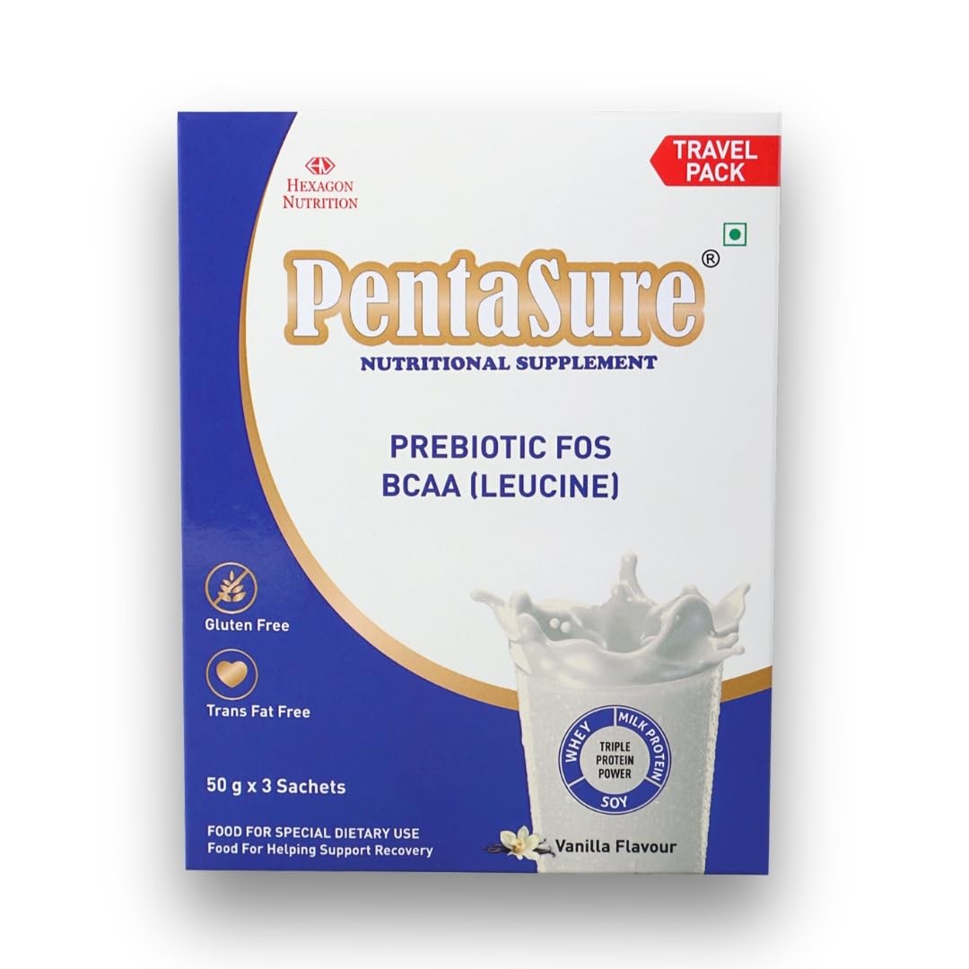 Pentasure Complete Balanced Nutrition Protein Powder, Vanilla, 3P Blend, BCAA, Prebiotics - front view (8)
