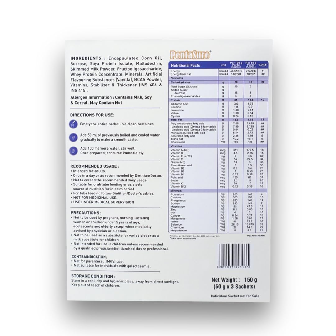 Pentasure Complete Balanced Nutrition Protein Powder, Vanilla, 3P Blend, BCAA, Prebiotics - back view (9)