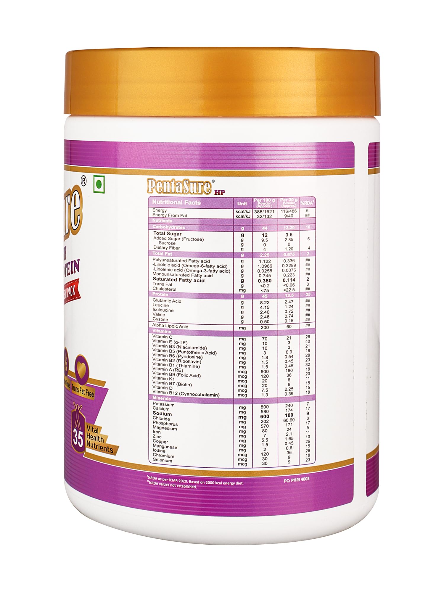 Pentasure HP Whey Protein Powder, 45g Protein per 100g, High Protein High Fiber Nutritional Supplement for Adults - front vie