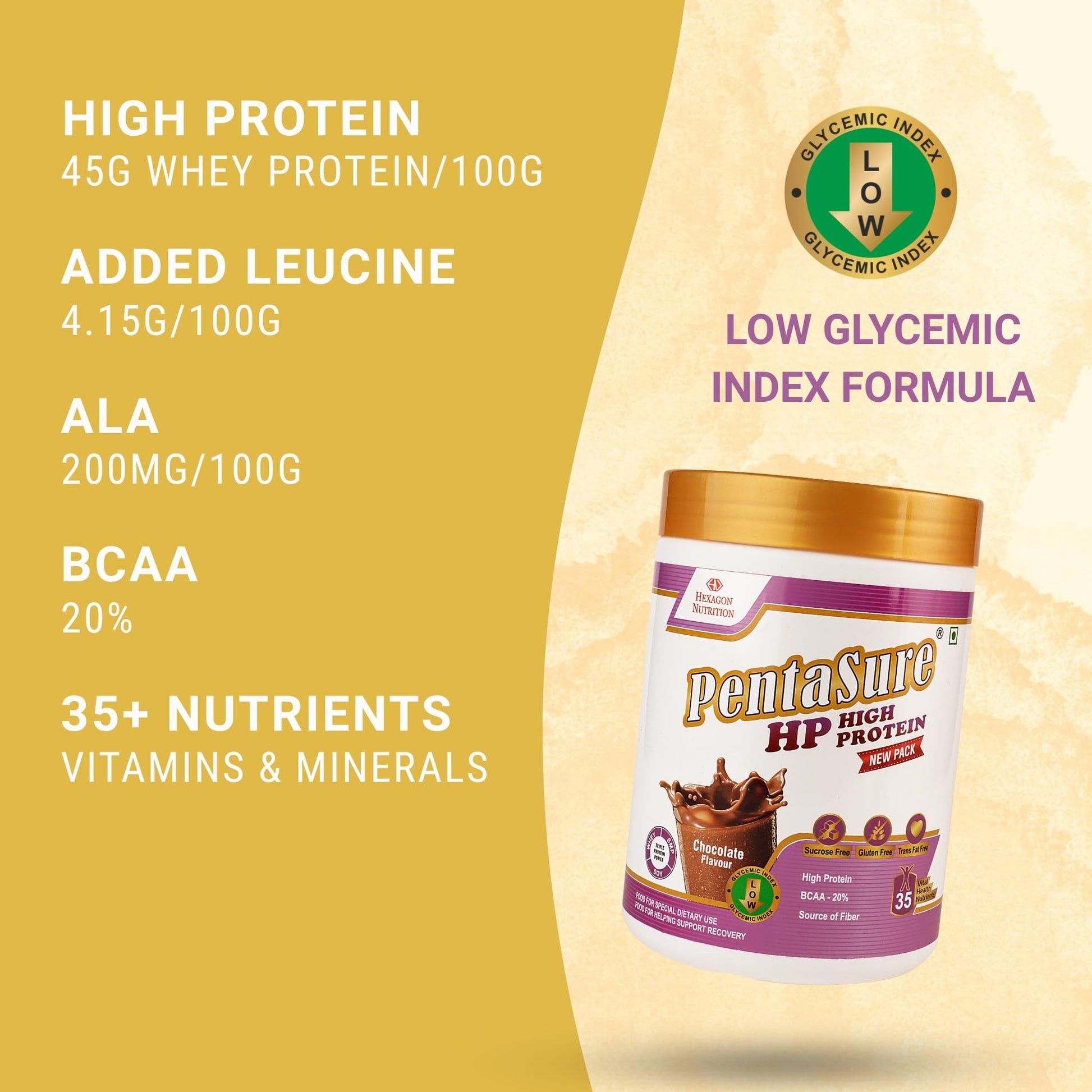 Pentasure HP Whey Protein Powder, 45g Protein per 100g, High Protein High Fiber Nutritional Supplement for Adults - ingredien