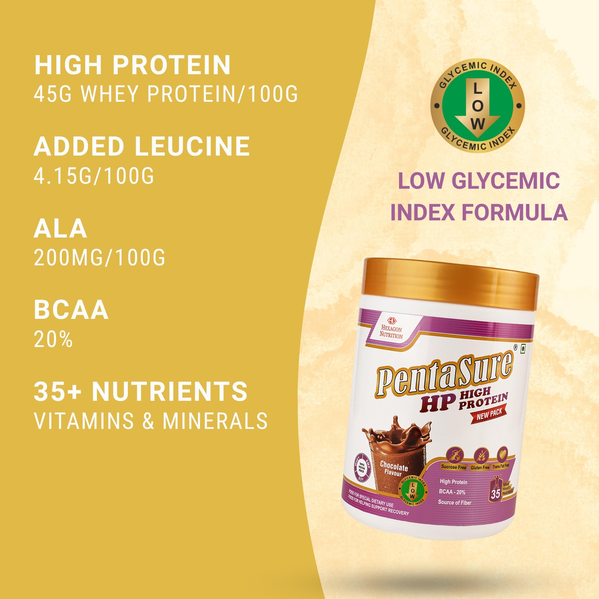 Pentasure HP Whey Protein Powder, 45g Protein per 100g, High Protein High Fiber Nutritional Supplement for Adults - ingredien
