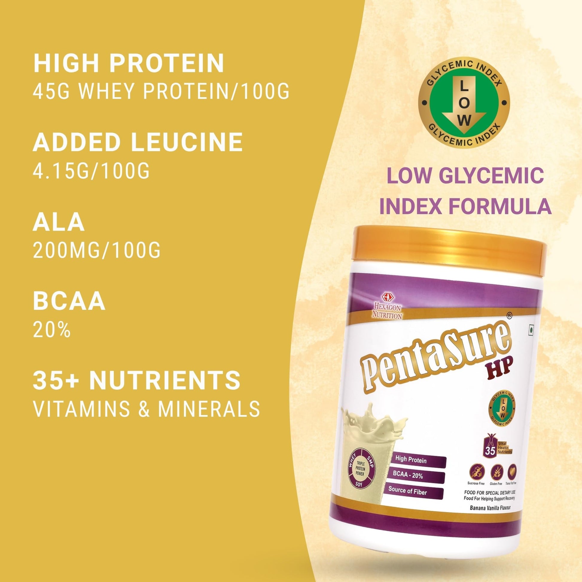 Pentasure HP Whey Protein Powder, 45g Protein per 100g, High Protein High Fiber Nutritional Supplement for Adults - ingredien