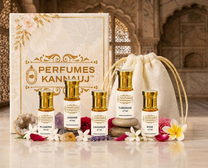 Perfumes Kannauj 5 Natural Flower Attars Combo Rose Tuberose Lavender Jasmine Plumeria Deg-Bhapka Distilled Alcohol-Free 250g