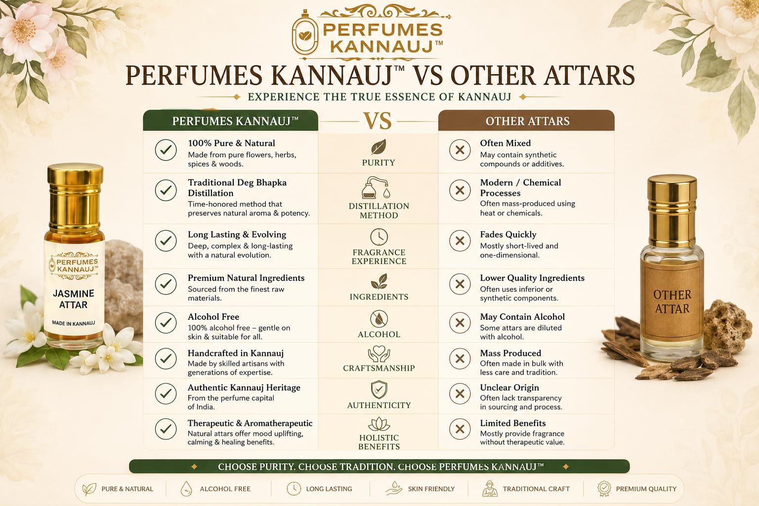 Perfumes Kannauj 5 Natural Flower Attars Combo Rose Tuberose Lavender Jasmine Plumeria Deg-Bhapka Distilled Alcohol-Free 250g