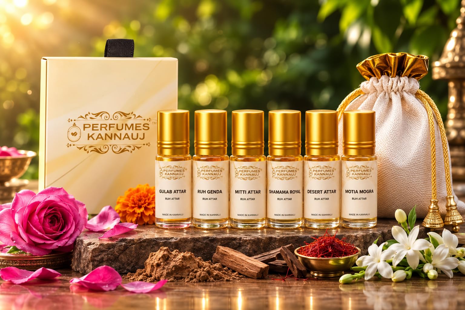 Perfumes Kannauj 6-Piece Natural Attar Trial Pack, 3ml Each, Rose Jasmine Marigold Sandalwood Earthy Notes, Alcohol-Free