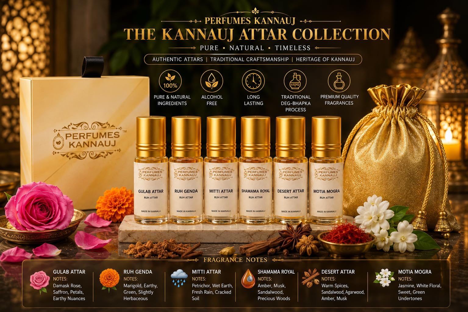 Perfumes Kannauj 6-Piece Natural Attar Trial Pack, 3ml Each, Rose Jasmine Marigold Sandalwood Earthy Notes, Alcohol-Free - fr