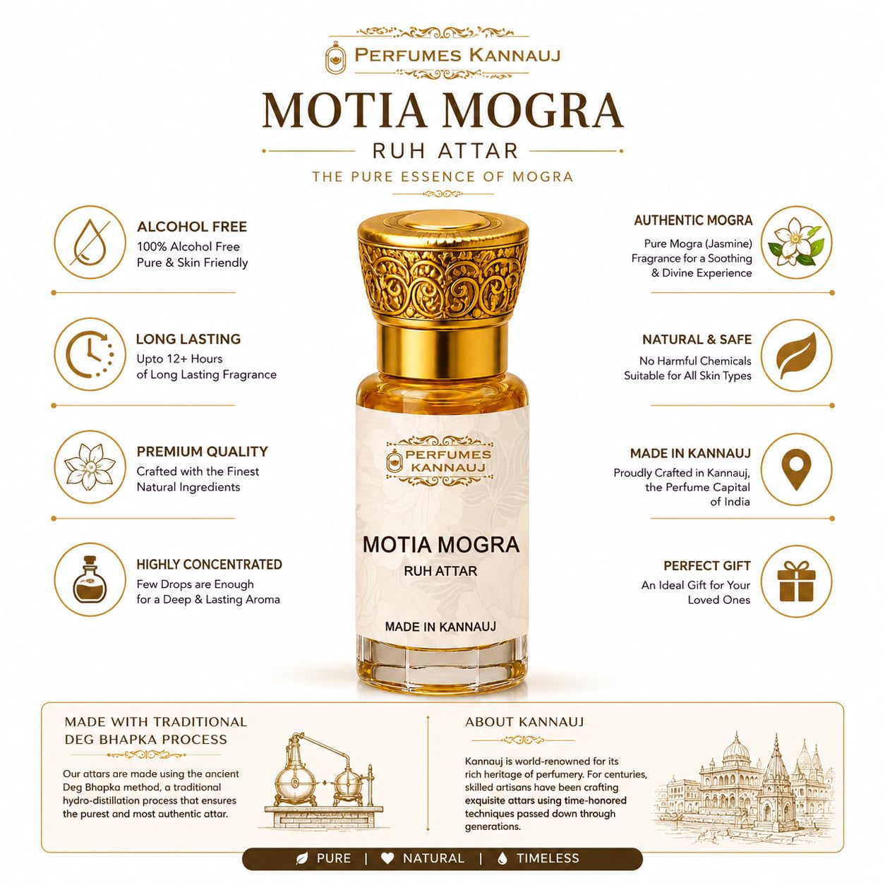 Perfumes Kannauj Ruh Motia Mogra Attar, 12ml Jasmine Perfume Oil, Alcohol-Free, Unisex - front view