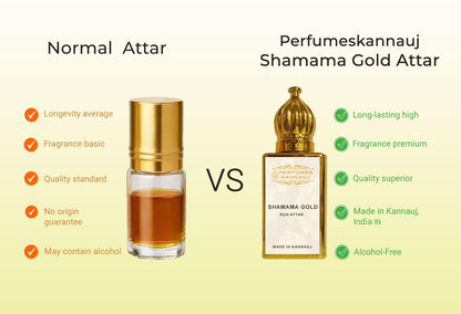 Perfumes Kannauj Shamama Gold Attar, 10ml, Traditional Indian Perfume Oil, Alcohol-Free, Unisex - front view