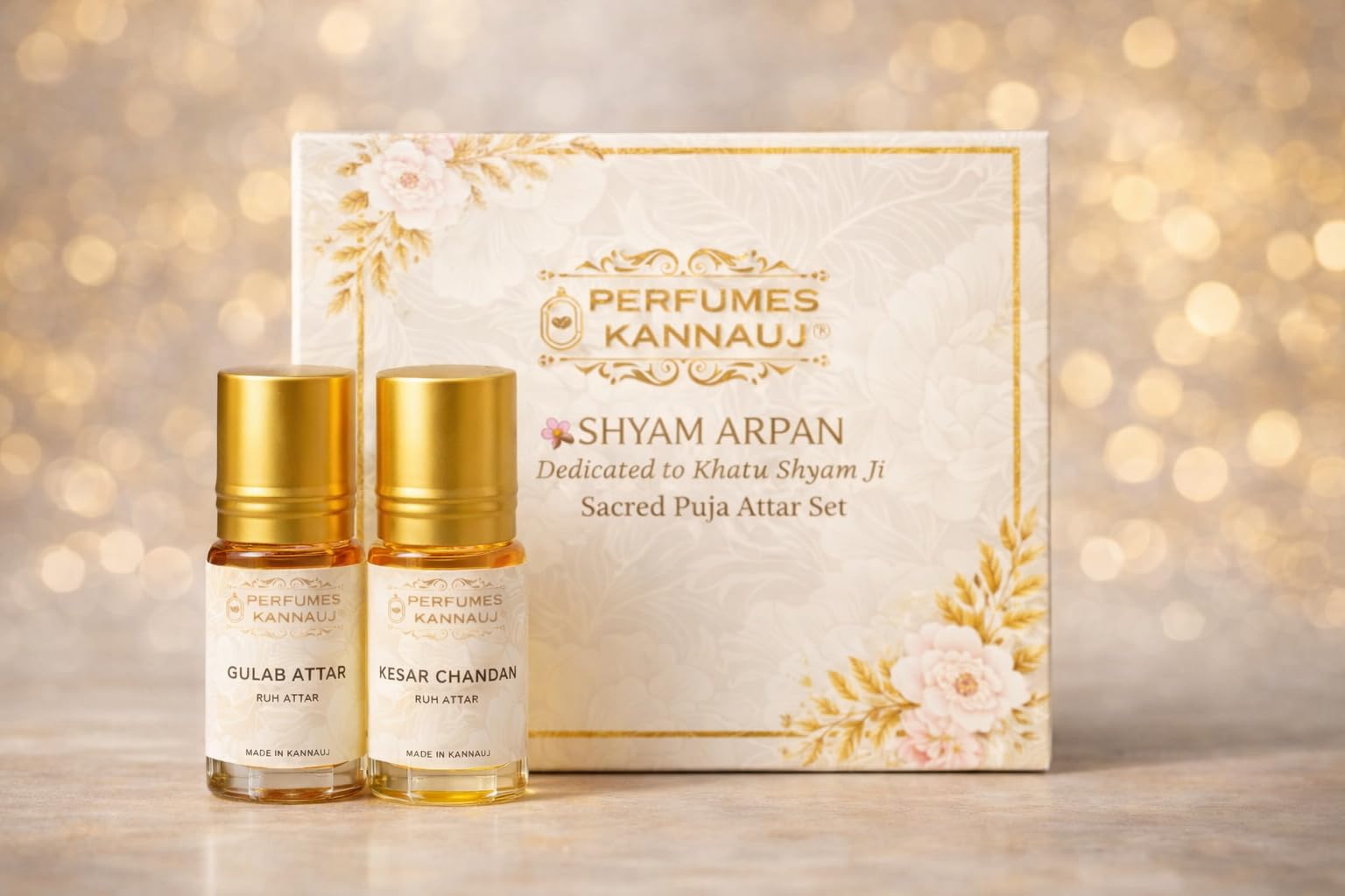 Perfumes Kannauj Shyam Arpan Sacred Puja Attar Set, 2x3ml, Gulab & Kesar Chandan, Alcohol-Free, Unisex