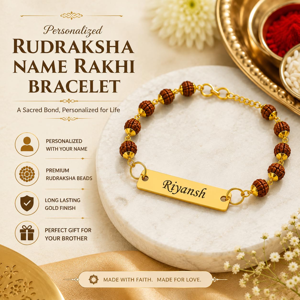 Personalized Rudraksha Name Rakhi Bracelet for Brother | Custom Gold Name Bracelet | Adjustable Beaded Rakhi | Raksha Bandhan