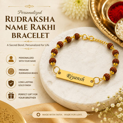 Personalized Rudraksha Name Rakhi Bracelet for Brother | Custom Gold Name Bracelet | Adjustable Beaded Rakhi | Raksha Bandhan