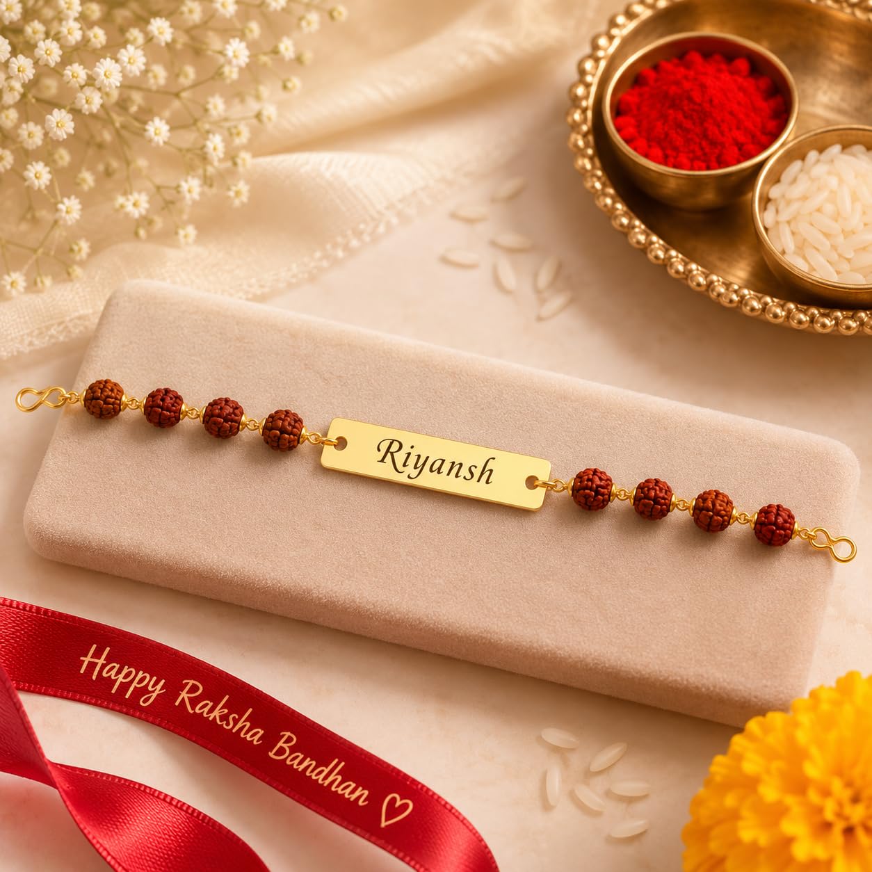 Personalized Rudraksha Name Rakhi Bracelet for Brother | Custom Gold Name Bracelet | Adjustable Beaded Rakhi | Raksha Bandhan