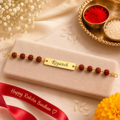 Personalized Rudraksha Name Rakhi Bracelet for Brother | Custom Gold Name Bracelet | Adjustable Beaded Rakhi | Raksha Bandhan