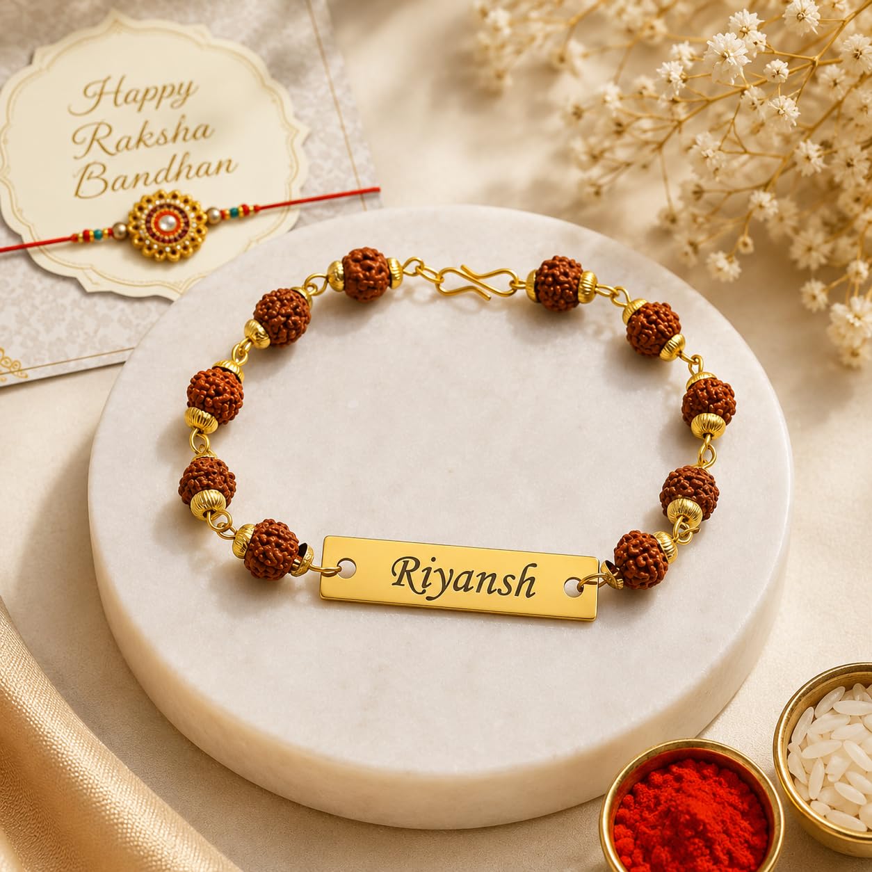 Personalized Rudraksha Name Rakhi Bracelet for Brother | Custom Gold Name Bracelet | Adjustable Beaded Rakhi | Raksha Bandhan