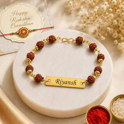 Personalized Rudraksha Name Rakhi Bracelet for Brother | Custom Gold Name Bracelet | Adjustable Beaded Rakhi | Raksha Bandhan