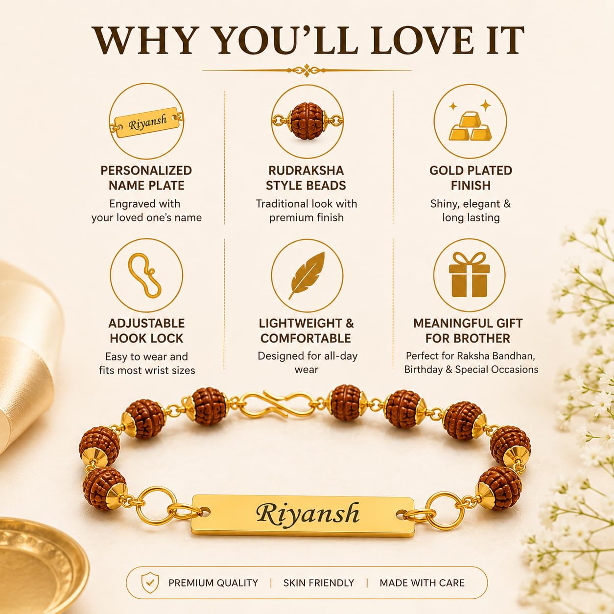 Personalized Rudraksha Name Rakhi Bracelet for Brother | Custom Gold Name Bracelet | Adjustable Beaded Rakhi | Raksha Bandhan