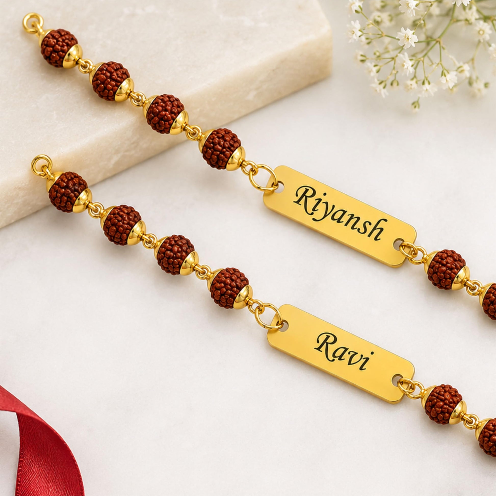 Personalized Rudraksha Name Rakhi Bracelet for Brother | Custom Gold Name Bracelet | Adjustable Beaded Rakhi | Raksha Bandhan