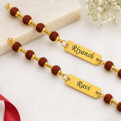 Personalized Rudraksha Name Rakhi Bracelet for Brother | Custom Gold Name Bracelet | Adjustable Beaded Rakhi | Raksha Bandhan