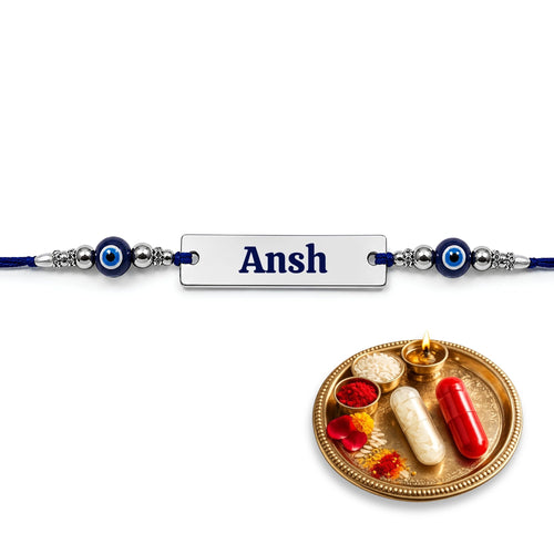 Personalized Silver Name Rakhi for Brother with Evil Eye Beads | Custom Engraved Raksha Bandhan Rakhi | Stainless Steel Name