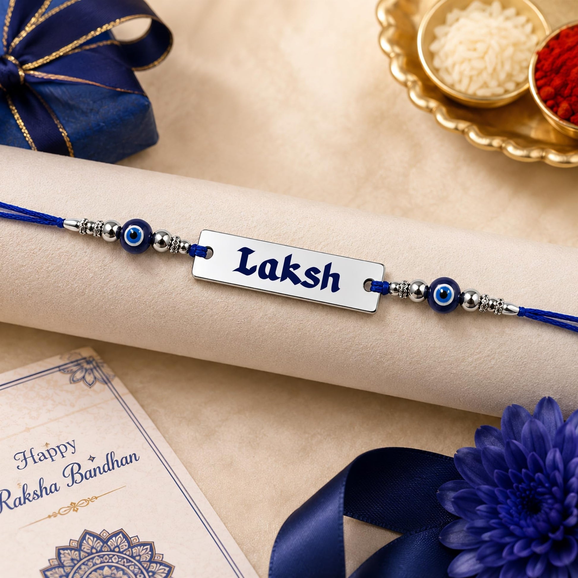 Personalized Silver Name Rakhi for Brother with Evil Eye Beads | Custom Engraved Raksha Bandhan Rakhi | Stainless Steel Name 