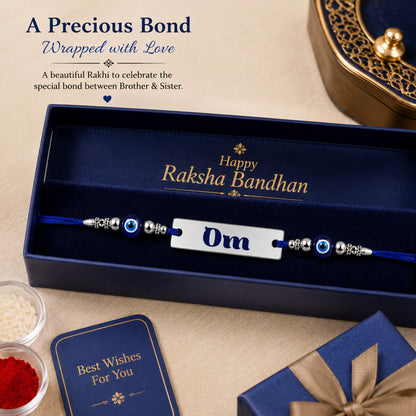 Personalized Silver Name Rakhi for Brother with Evil Eye Beads | Custom Engraved Raksha Bandhan Rakhi | Stainless Steel Name 