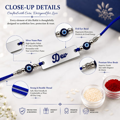 Personalized Silver Name Rakhi for Brother with Evil Eye Beads | Custom Engraved Raksha Bandhan Rakhi | Stainless Steel Name 