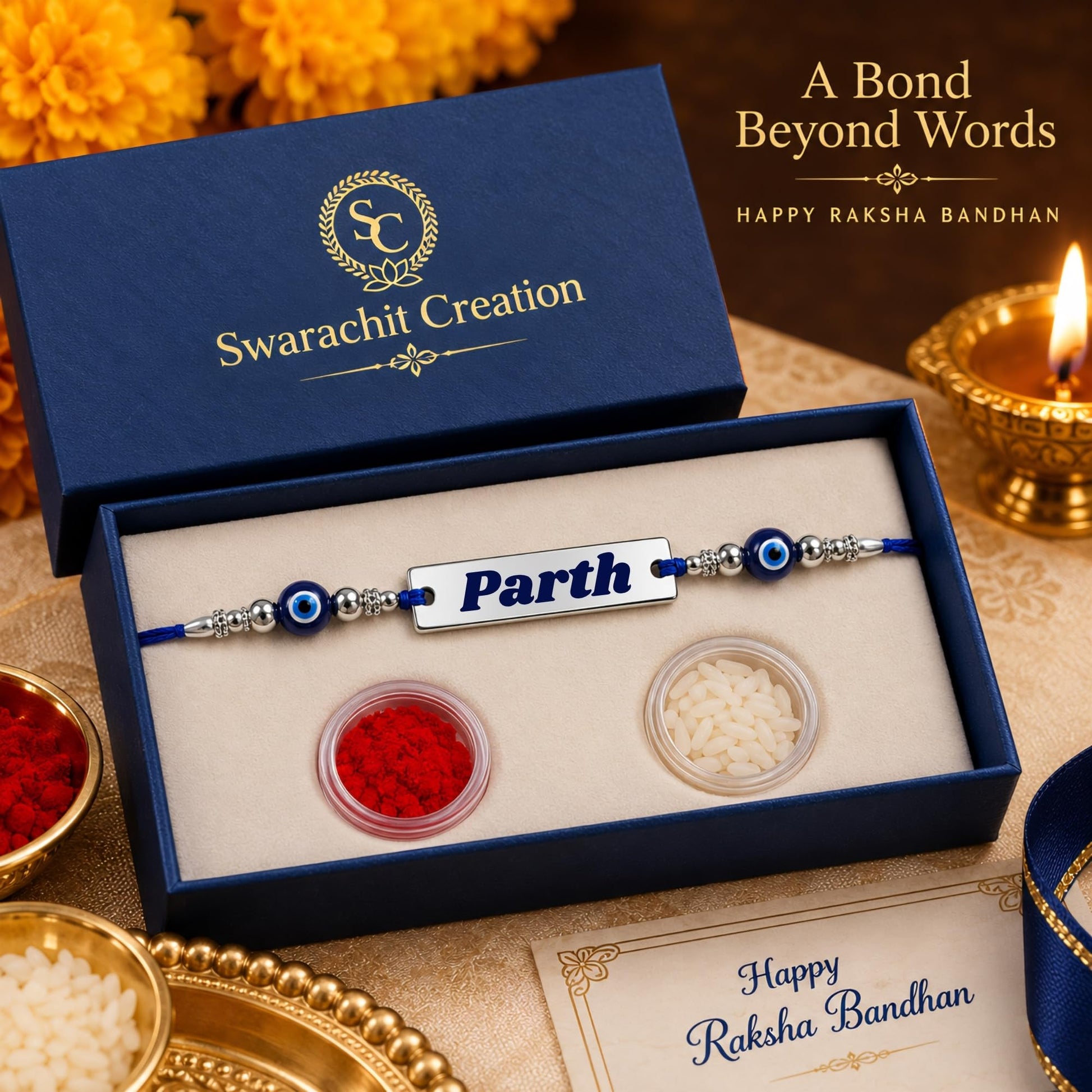 Personalized Silver Name Rakhi for Brother with Evil Eye Beads | Custom Engraved Raksha Bandhan Rakhi | Stainless Steel Name 