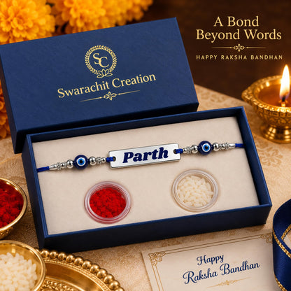 Personalized Silver Name Rakhi for Brother with Evil Eye Beads | Custom Engraved Raksha Bandhan Rakhi | Stainless Steel Name 