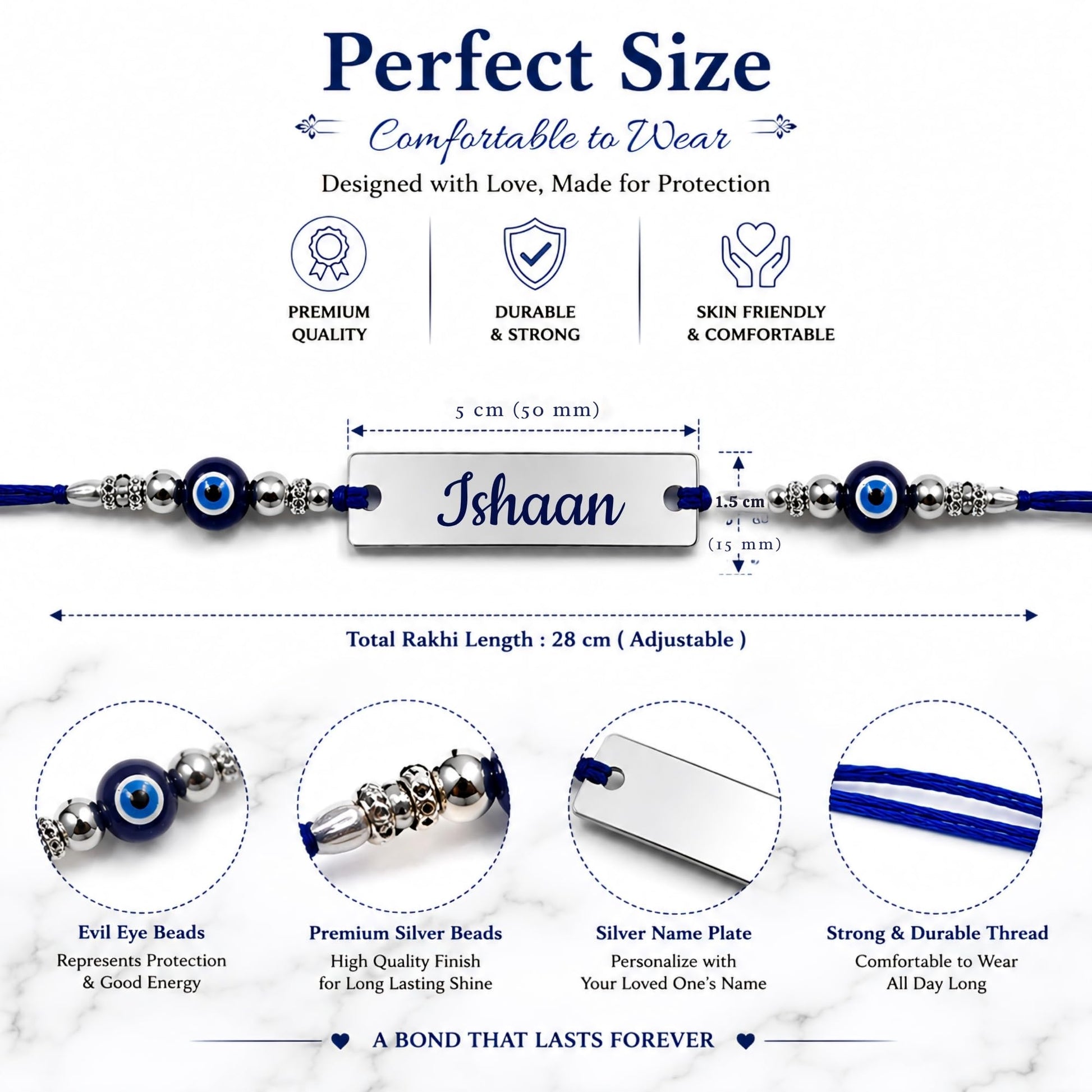 Personalized Silver Name Rakhi for Brother with Evil Eye Beads | Custom Engraved Raksha Bandhan Rakhi | Stainless Steel Name 