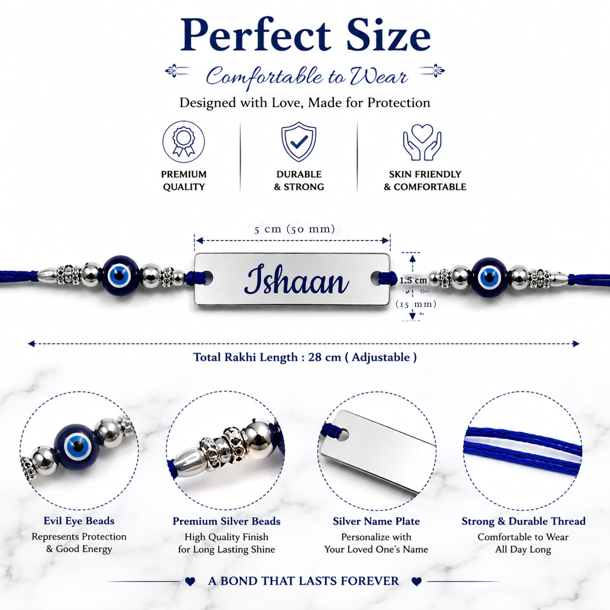 Personalized Silver Name Rakhi for Brother with Evil Eye Beads | Custom Engraved Raksha Bandhan Rakhi | Stainless Steel Name 