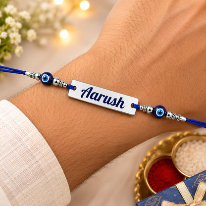 Personalized Silver Name Rakhi for Brother with Evil Eye Beads | Custom Engraved Raksha Bandhan Rakhi | Stainless Steel Name 