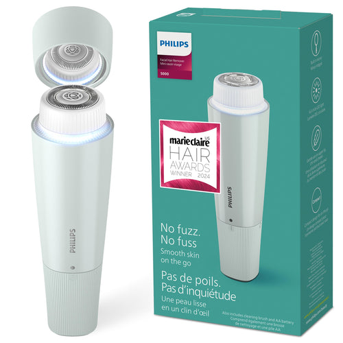 PHILIPS Series 5000 Facial Hair Remover for Women, Electric Shaver with LED Light and Mirror, Cordless, AA Battery Included,