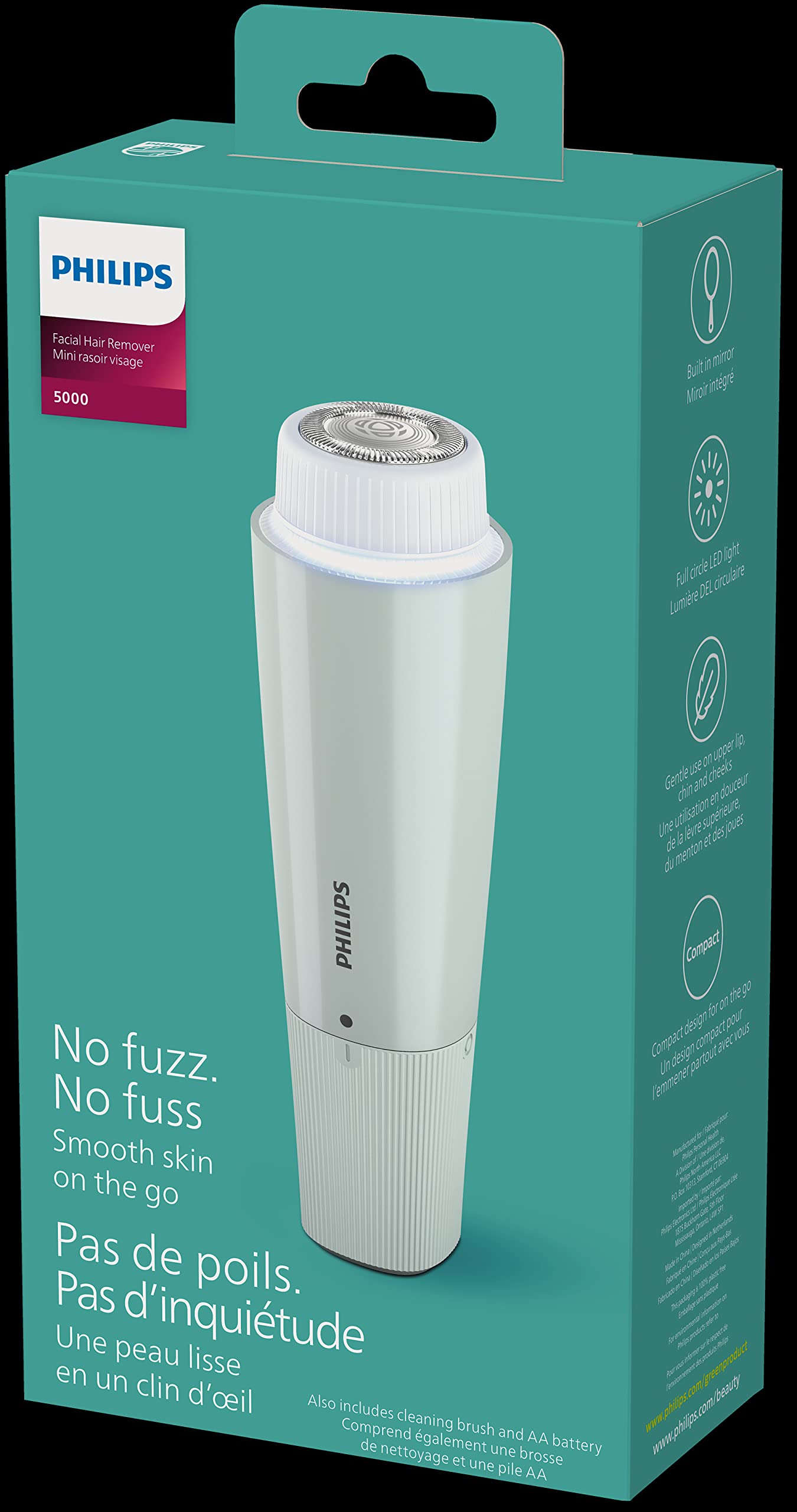 PHILIPS Series 5000 Facial Hair Remover for Women, Electric Shaver with LED Light and Mirror, Cordless, AA Battery Included, 