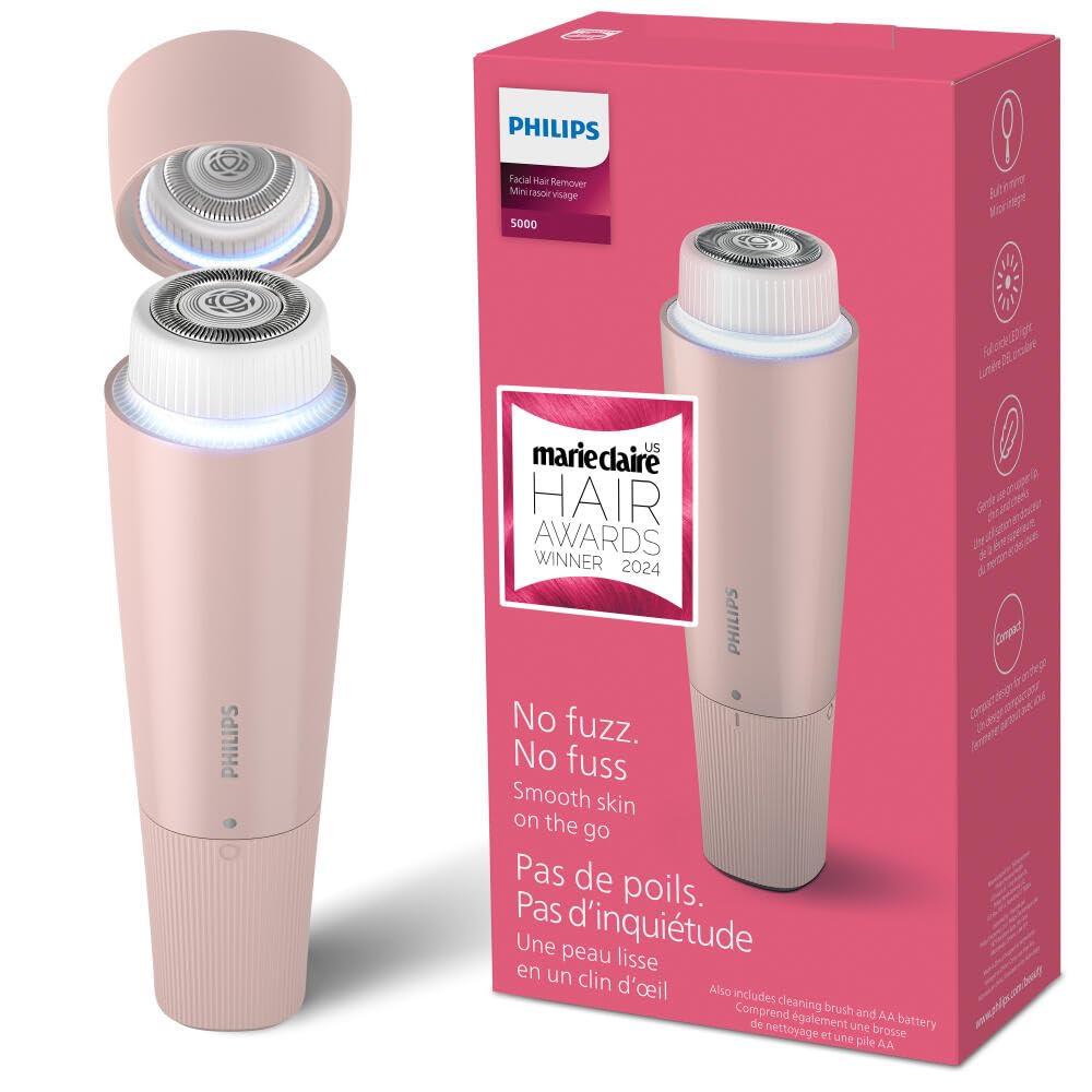 PHILIPS Series 5000 Facial Hair Remover for Women, Electric Shaver with LED Light and Mirror, Cordless, AA Battery Included, 