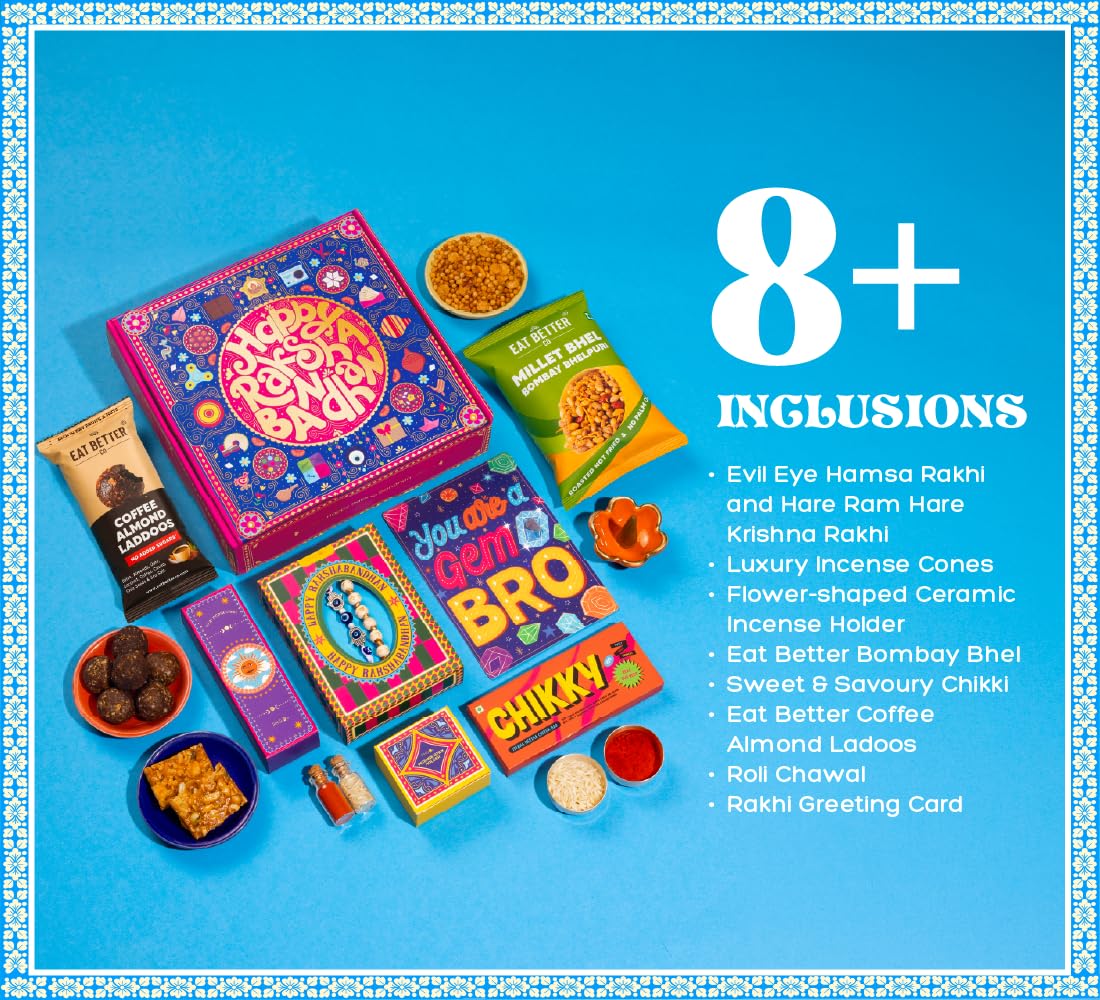Phool Bandhan Rakhi Gift Hamper for Brother | 10-Item Rakhi Gift Set with 2 Rakhis, Incense, Laddoo & Chikki | Rakhi Gift Box